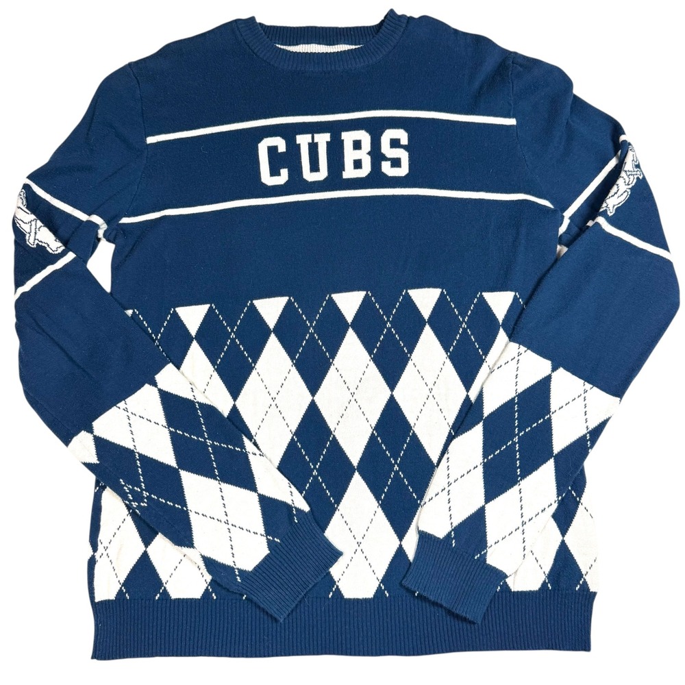 Chicago Cubs Sweater Men Large Argyle Knit Pullover MLB Fan Gear Blue White